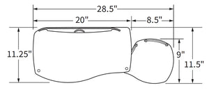 2110RLN keyboard tray technical dimensions showing mouse-under design workspace clearance and mounting specifications
