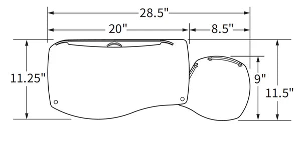 2110RLN keyboard tray technical dimensions showing mouse-under design workspace clearance and mounting specifications