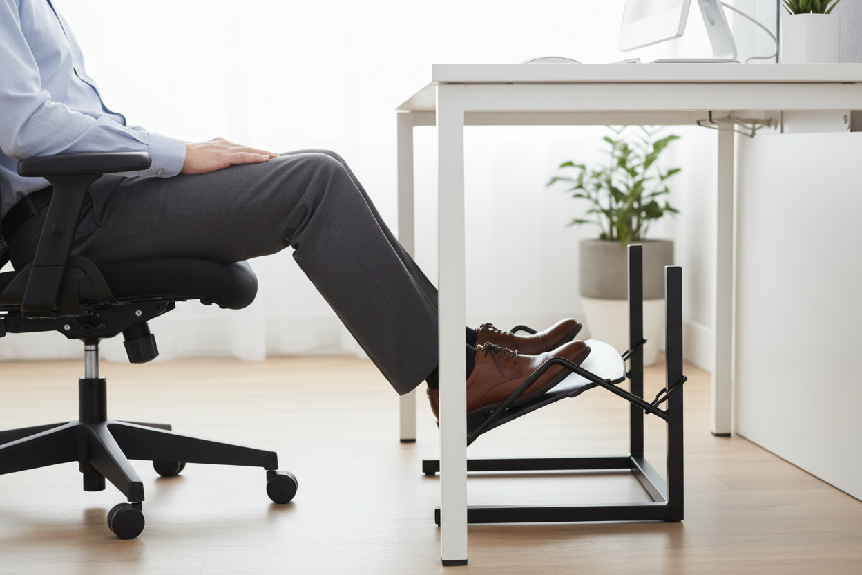 Workrite 215-Wide Adjustable Rocking Footrest - 23" Platform in use at desk