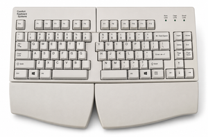 ErgoSplit adjustable split ergonomic keyboard – side/rear view showing independent tenting and slope adjustment mechanism by Comfort Keyboard Systems