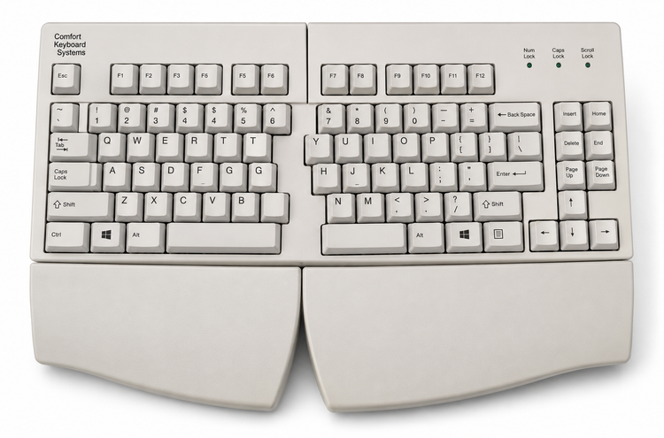 ErgoSplit adjustable split ergonomic keyboard – side/rear view showing independent tenting and slope adjustment mechanism by Comfort Keyboard Systems