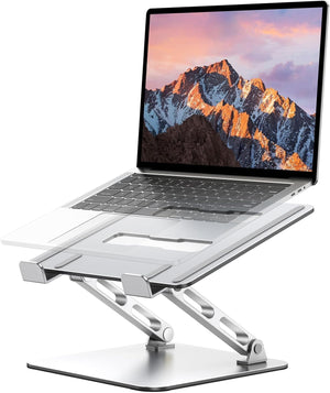 Adjustable ergonomic laptop stand raising screen to eye level on desk