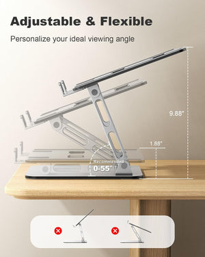 Laptop stand showing height and angle adjustments for posture