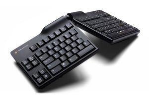 Close-up of the Goldtouch Elite keyboard's split center, showing the gap and angle adjustment used for wrist alignment.