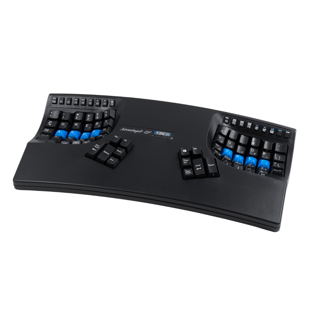 Full keyboard overview — 3D concave key wells, split design, carpal tunnel/RSI angle