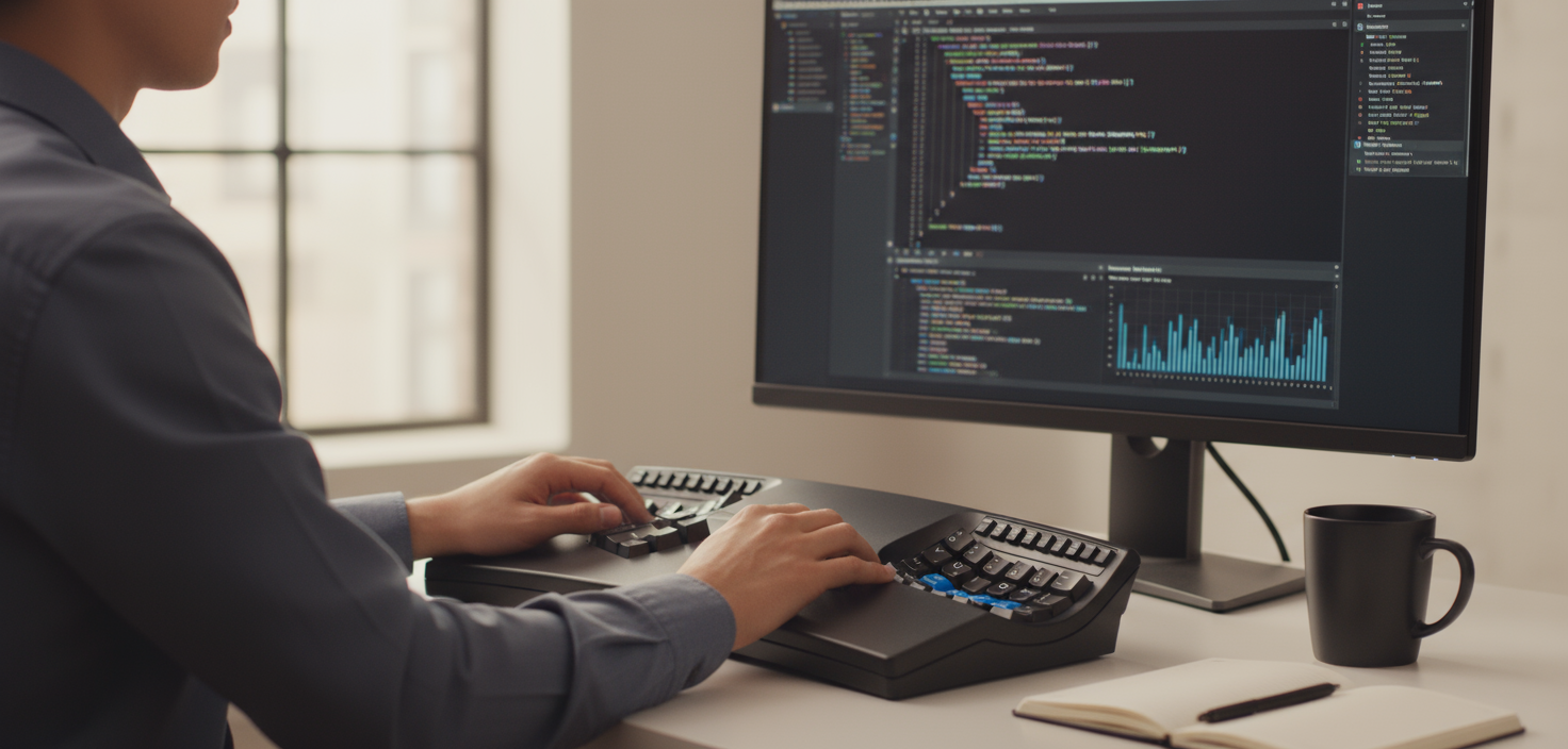 Lifestyle/desk setup — neutral wrist posture for programmers and writers