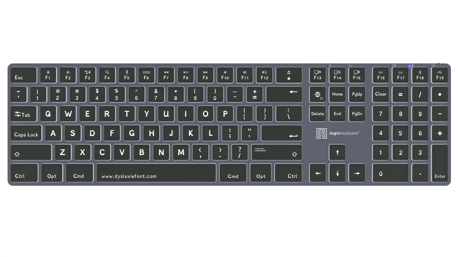 Logickeyboard TITAN Dyslexie wireless backlit keyboard for Mac with specially designed letterforms for dyslexia, Titanium Gray, Bluetooth 5.1 and USB-C
