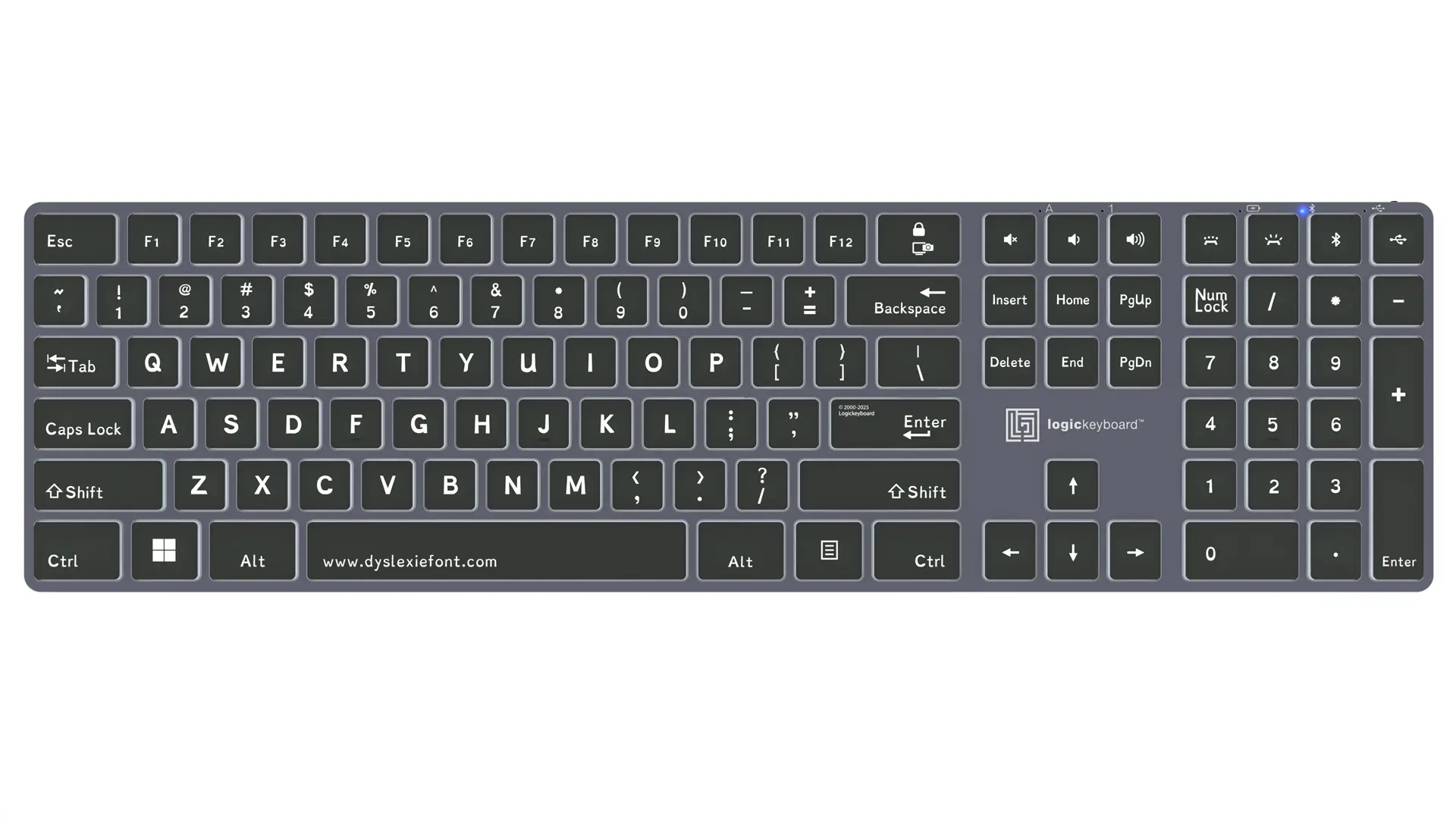 Logickeyboard TITAN Dyslexie wireless backlit keyboard for Windows with specially designed letterforms for dyslexia, Titanium Gray, Bluetooth 5.1 and USB-C
