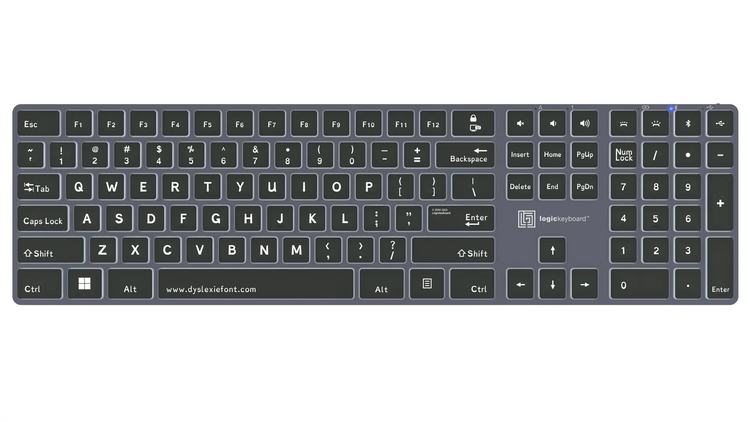 Logickeyboard TITAN Dyslexie wireless backlit keyboard for Windows with specially designed letterforms for dyslexia, Titanium Gray, Bluetooth 5.1 and USB-C
