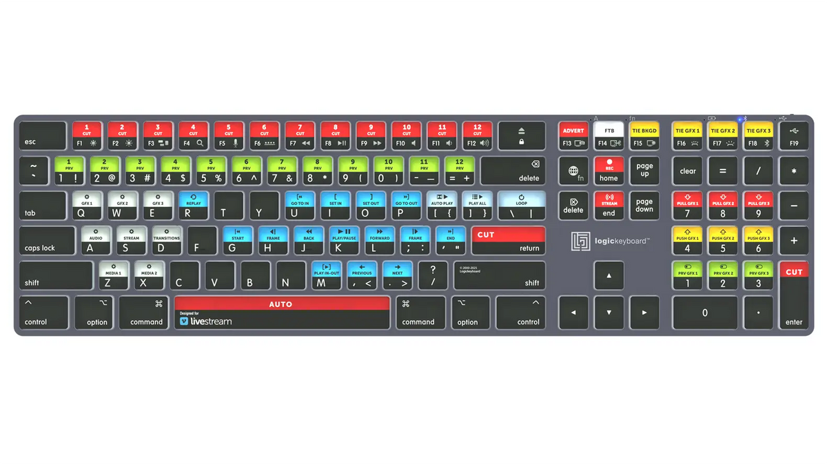 Logickeyboard TITAN Vimeo Livestream backlit keyboard for Mac in titanium gray, with red CUT/AUTO keys and dedicated GFX shortcut keys for live streaming
