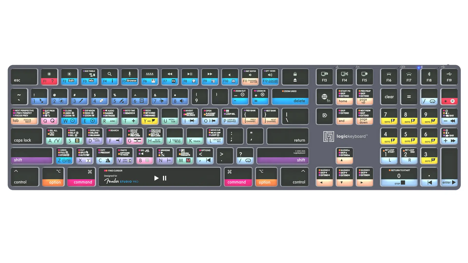 Logickeyboard TITAN Fender Studio Pro wireless backlit keyboard for Mac with color-coded shortcut keys, Titanium Gray, Bluetooth 5.1 and USB-C

