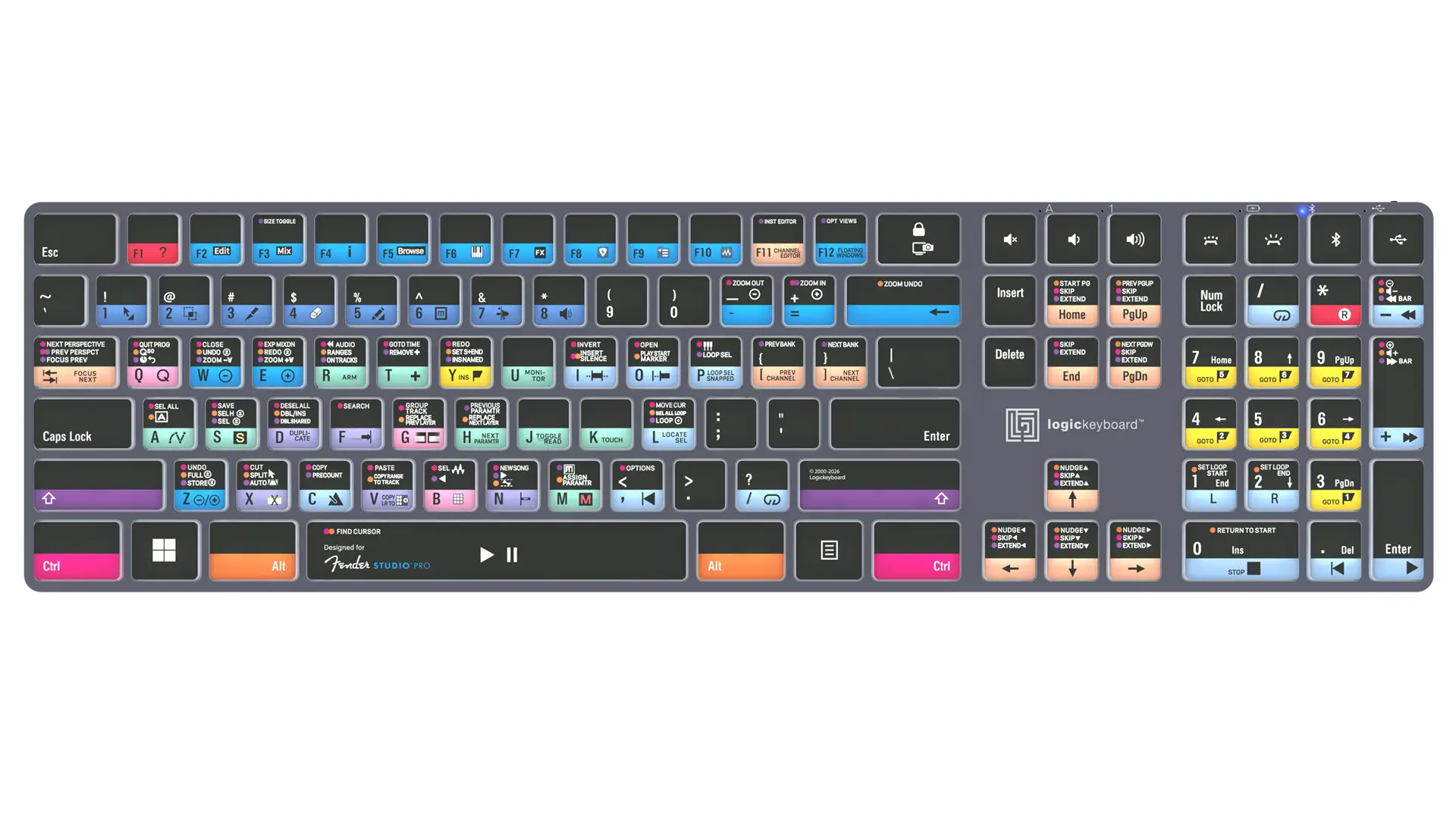 Logickeyboard TITAN Fender Studio Pro wireless backlit keyboard for Windows with color-coded shortcut keys, Titanium Gray, Bluetooth 5.1 and USB-C
