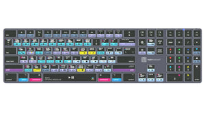 Logickeyboard TITAN DaVinci Resolve Pro Keyboard for Mac — top-down view showing full-size backlit Pro layout with 160+ color-coded DaVinci Resolve shortcuts across Edit, Color, Fairlight, and Fusion pages — Bluetooth 5.1, USB-C, aluminum chassis, Titanium Gray

