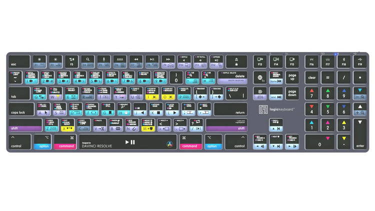 Logickeyboard TITAN DaVinci Resolve Pro Keyboard for Mac — top-down view showing full-size backlit Pro layout with 160+ color-coded DaVinci Resolve shortcuts across Edit, Color, Fairlight, and Fusion pages — Bluetooth 5.1, USB-C, aluminum chassis, Titanium Gray
