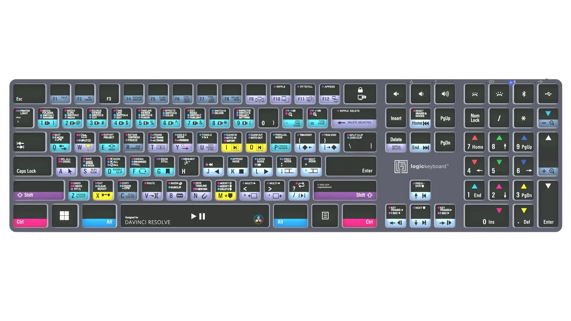 Logickeyboard TITAN DaVinci Resolve Pro Keyboard for Windows — top-down view showing full-size 108-key ANSI backlit Pro layout with 160+ color-coded DaVinci Resolve shortcuts across Edit, Color, Fairlight, and Fusion pages — Bluetooth 5.1, USB-C, aluminum chassis, Titanium Gray
