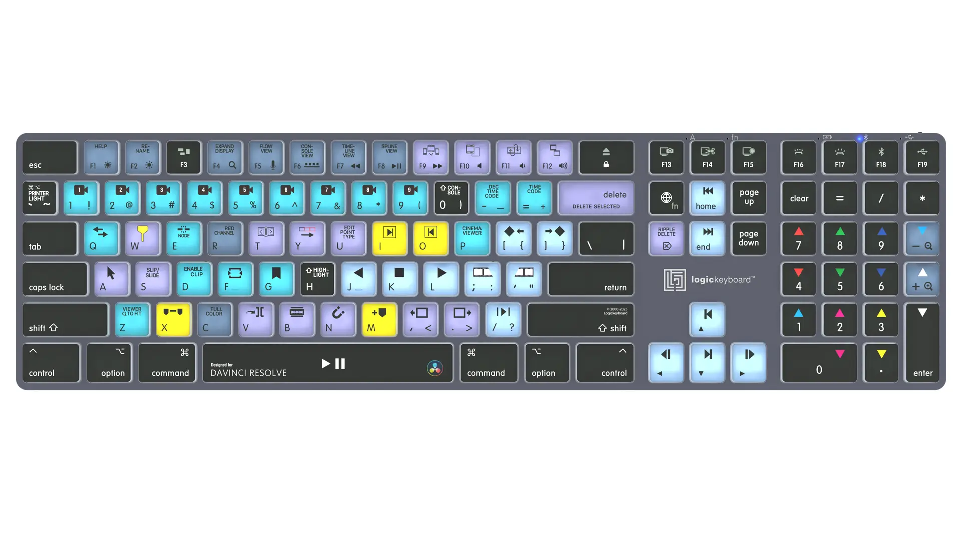 Logickeyboard TITAN DaVinci Resolve Classic Keyboard for Mac — top-down view showing full-size backlit layout with 60+ color-coded DaVinci Resolve shortcut keys illuminated — Bluetooth 5.1, USB-C, Titanium Gray, scissor-switch keys
