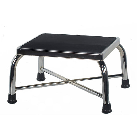 Step stool with black top and chrome frame on a white background