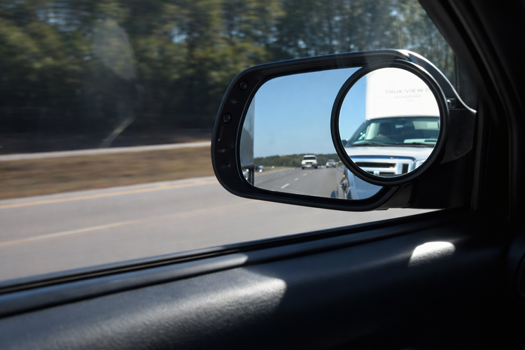 True View® Accurate Imaging Blind Spot Mirror (for trucks/SUVs/RVs) Car side mirror reflecting a truck on a road with trees in the background