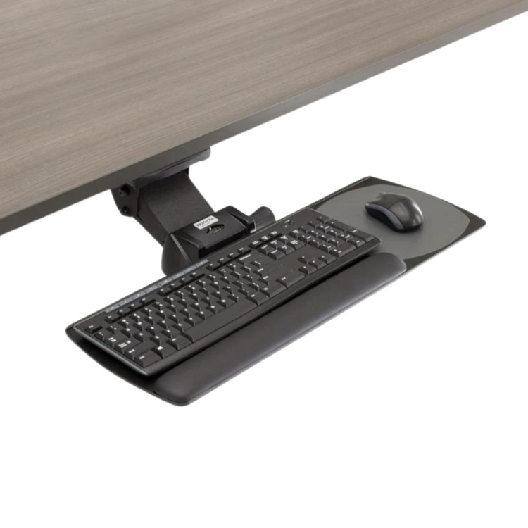 Workrite Compact Keyboard Tray System showing space-saving design and adjustment features