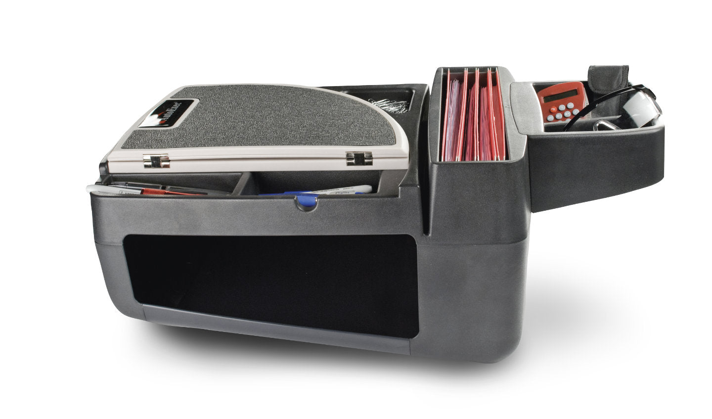 AutoExec Express car desk open storage compartment with binders and tablet