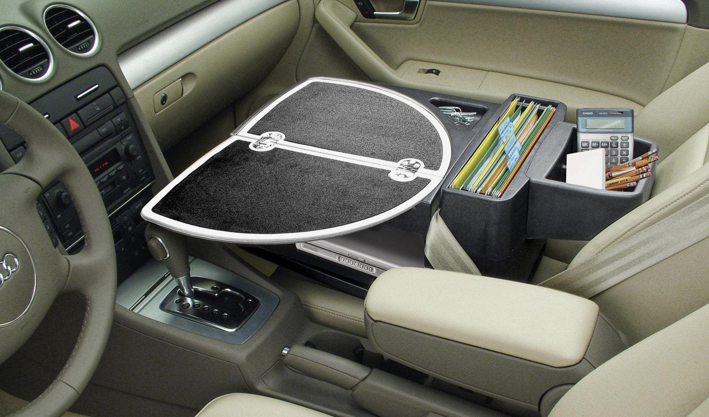 AutoExec Express car desk installed on passenger seat of a sedan