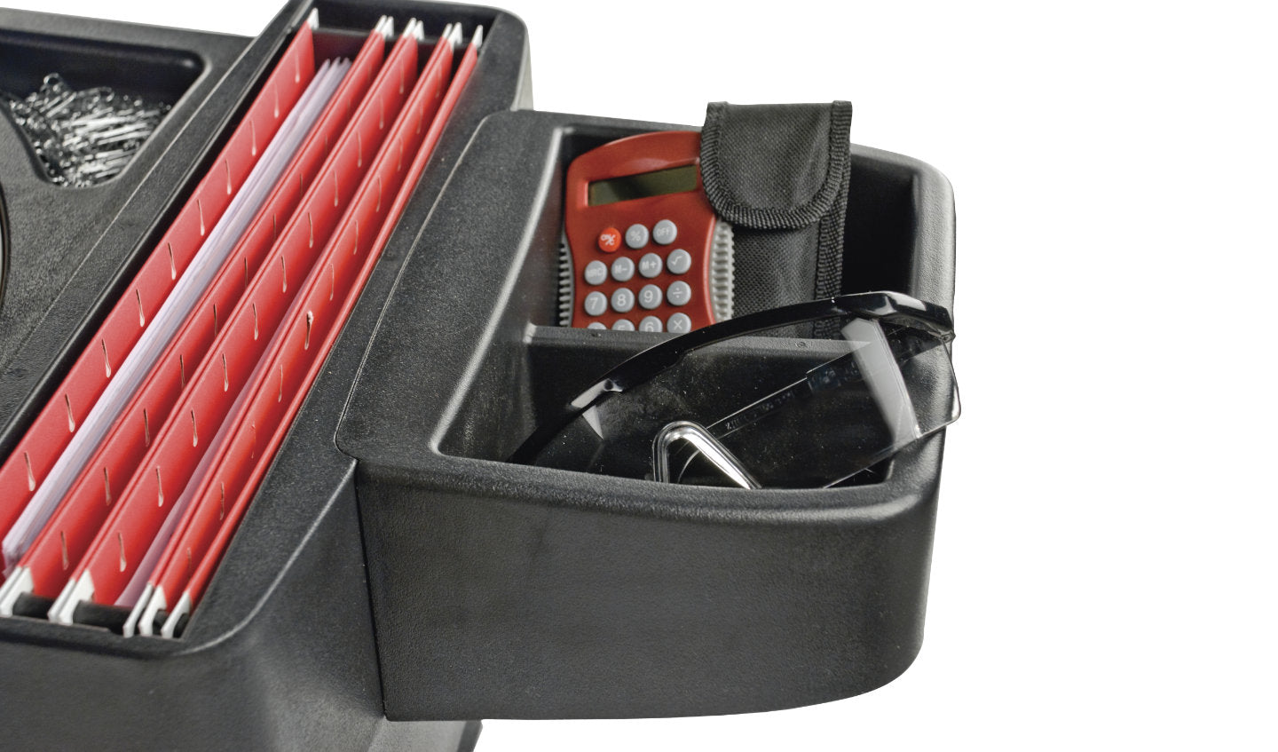 AutoExec Express car desk open storage compartment with binders and tablet