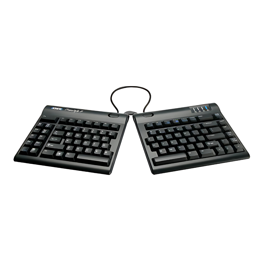 Two-module adjustable split keyboard with a flexible pivot tether and an embedded 10-key pad, predominantly in black color.