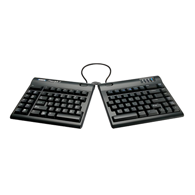 Two-module adjustable split keyboard with a flexible pivot tether and an embedded 10-key pad, predominantly in black color.