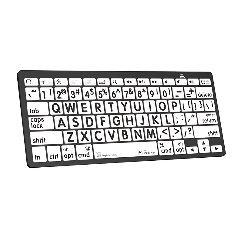 A large print mini Bluetooth keyboard with black keys and white lettering, showing both English and German keyboard layout, suitable for PC and MAC.