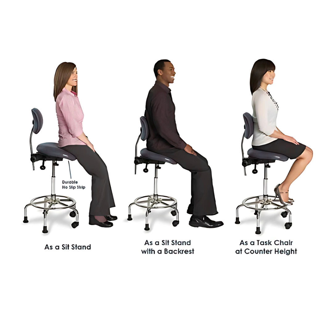 Three people sitting on a height-adjustable chair in different positions.