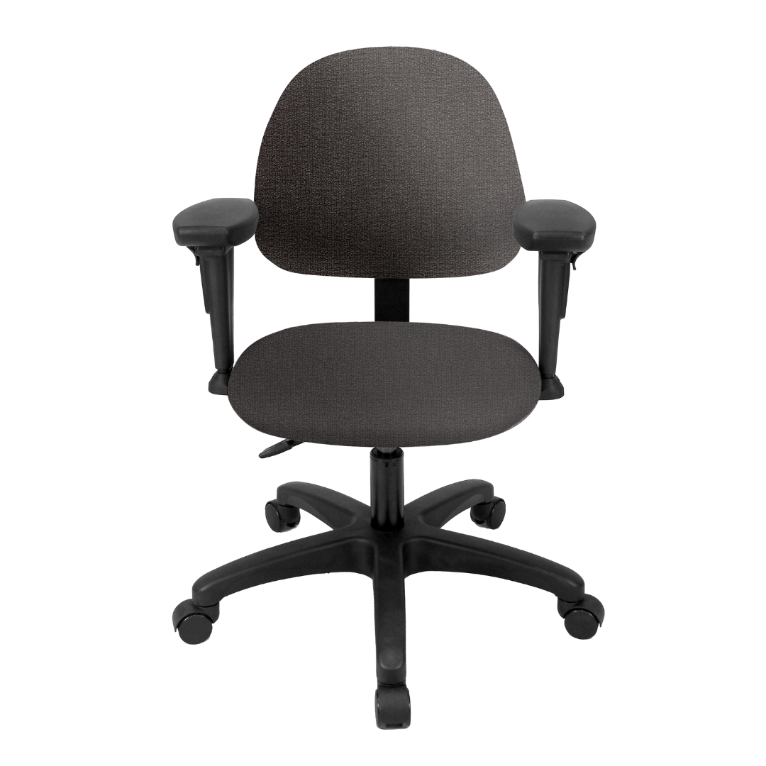 Front view of ergoCentric Little Person Chair showing proportionally scaled seat depth of 14–16 inches and adjustable lumbar support engineered for shorter torso length.