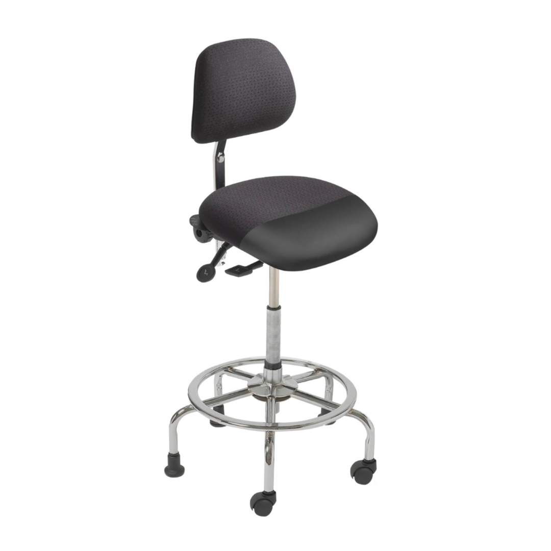 An ergoCentric 3-in-1 Sit Stand Chair with a black upholstered seat and backrest, a chrome base, and dual-wheel casters.