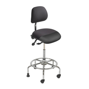 An ergoCentric 3-in-1 Sit Stand Chair with a black upholstered seat and backrest, a chrome base, and dual-wheel casters.