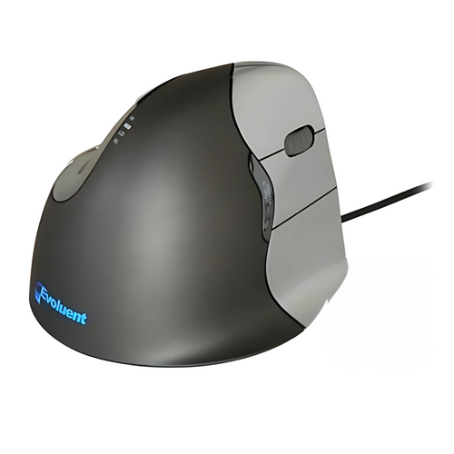 A black Evoluent vertical ergonomic mouse with a long USB cable.
