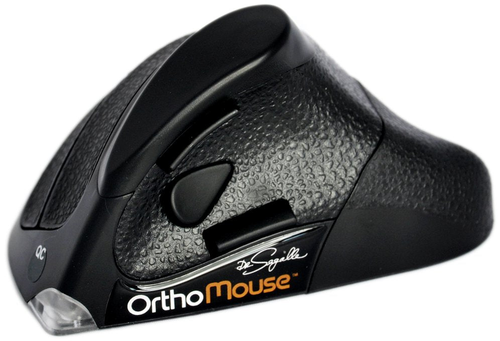 Orthovia OrthoMouse vertical wired ergonomic mouse in black, angled front view showing textured grip and buttons.