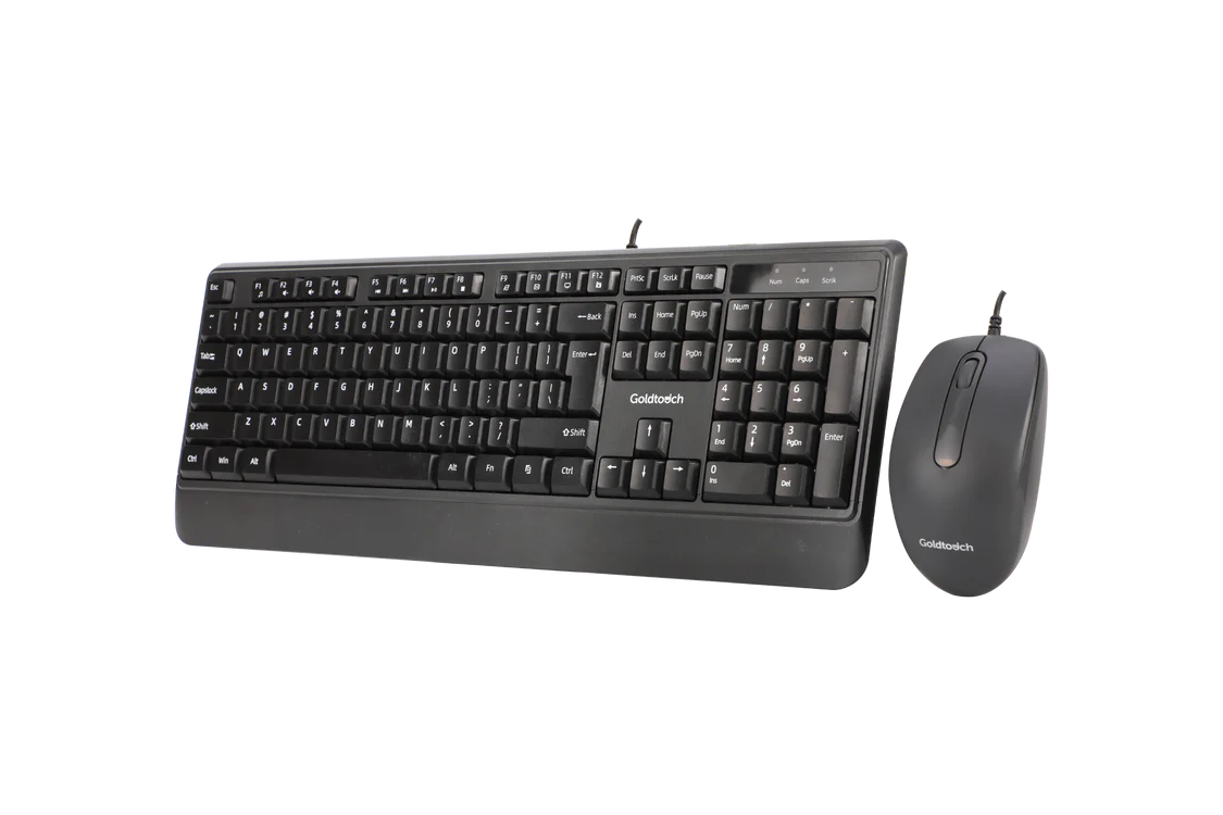 Goldtouch ergonomic USB keyboard and mouse combo top view showing matched office peripheral set angled view