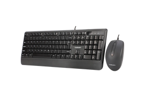 Goldtouch ergonomic USB keyboard and mouse combo top view showing matched office peripheral set angled view