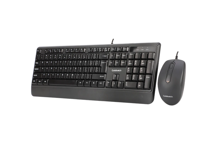 Goldtouch ergonomic USB keyboard and mouse combo top view showing matched office peripheral set angled view