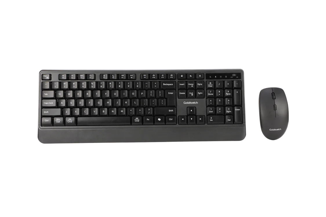 Goldtouch wireless ergonomic keyboard and mouse combo top view showing matched full-size keyboard and right-handed mouse