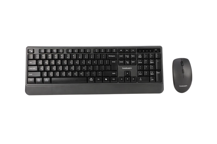 Goldtouch wireless ergonomic keyboard and mouse combo top view showing matched full-size keyboard and right-handed mouse