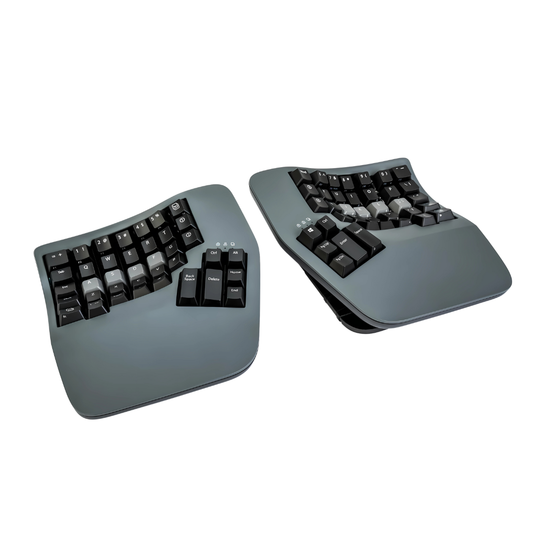 Two Kinesis Advantage360 Pro Bluetooth multichannel keyboards in a gray color, designed with concave keywells and integrated palm supports. 