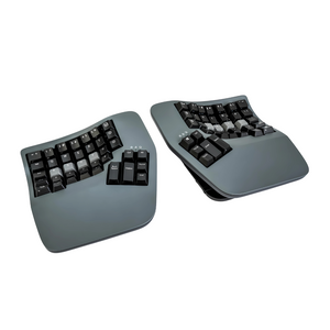 Two Kinesis Advantage360 Pro Bluetooth multichannel keyboards in a gray color, designed with concave keywells and integrated palm supports. 