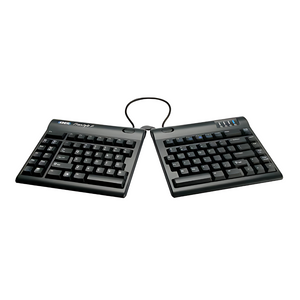 Two-module adjustable split keyboard with a flexible pivot tether and an embedded 10-key pad, predominantly in black color.