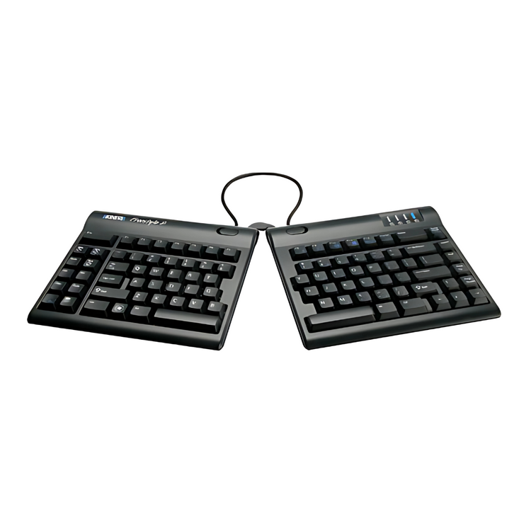 Two-module adjustable split keyboard with a flexible pivot tether and an embedded 10-key pad, predominantly in black color.