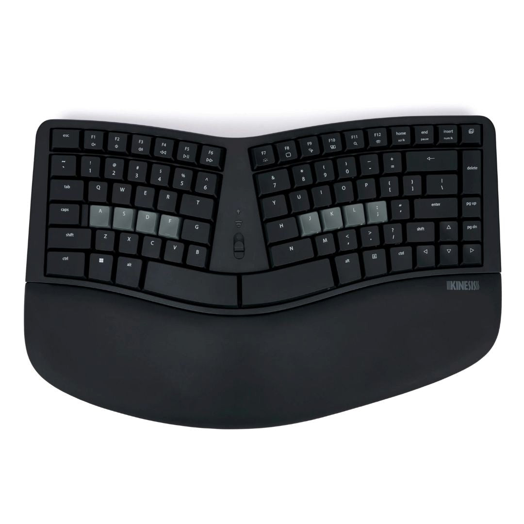Kinesis mWave HS High Security Mechanical Keyboard — PC keycaps with Bluetooth, front three-quarter view showing split ergonomic layout and integrated CAC/PIV smart card reader
