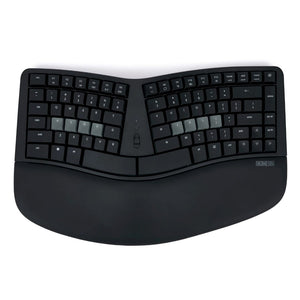 Kinesis mWave HS High Security Mechanical Keyboard — PC keycaps with Bluetooth, front three-quarter view showing split ergonomic layout and integrated CAC/PIV smart card reader
