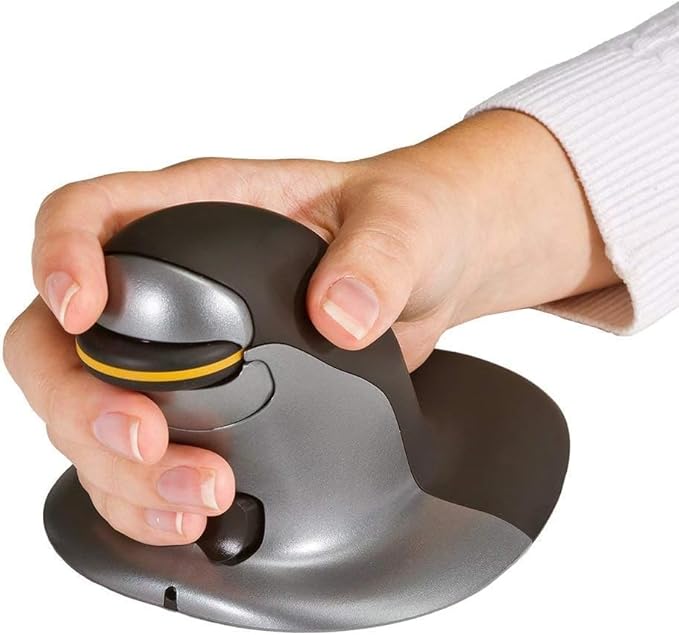 Person using Penguin Vertical Mouse Medium with neutral wrist handshake grip – ergonomic mouse for RSI and carpal tunnel relief