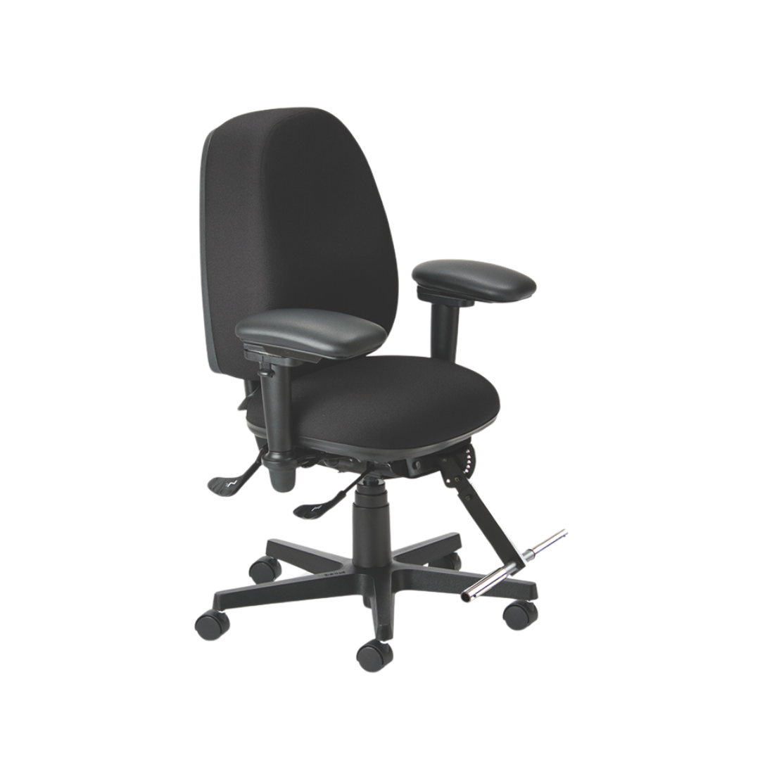 A black office chair with adjustable armrests, a footbar, and a five-star base with casters.
