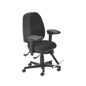 A black office chair with adjustable armrests, a footbar, and a five-star base with casters.