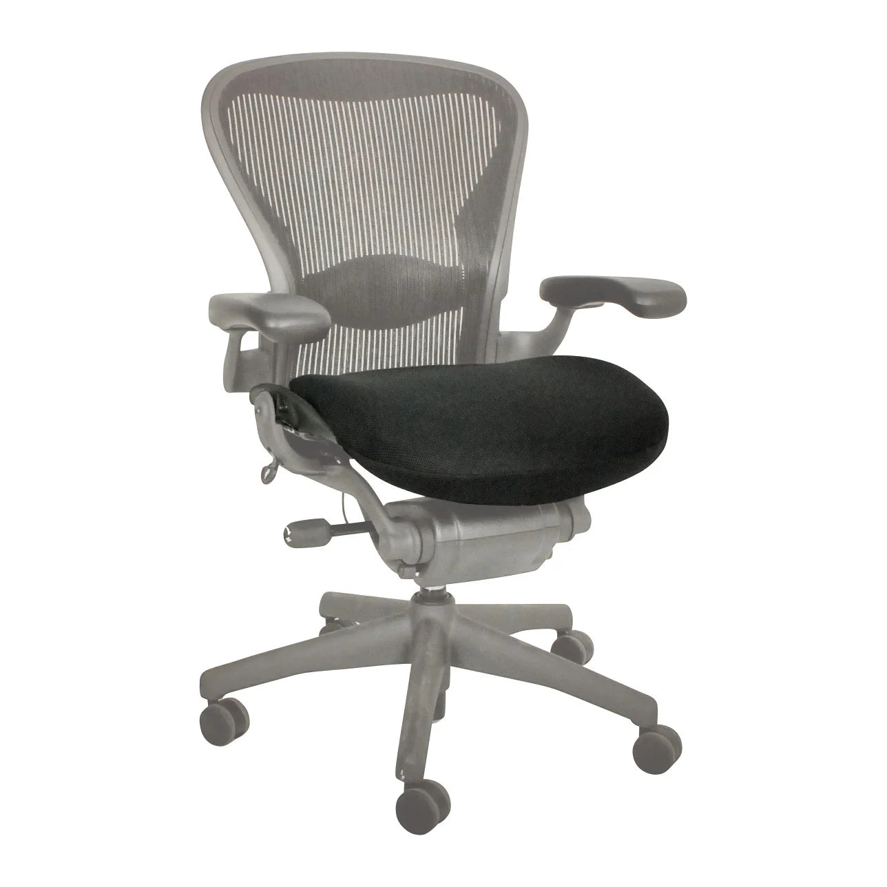 Stratta Aeron Seat Cushion installed on a Herman Miller Aeron chair, showing breathable BioFlex foam design that relieves sciatic nerve pain, tailbone pressure, and lower back strain during extended office sitting.  